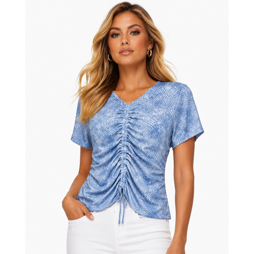 Michael Michael Kors‎ Blue White Leaf Print Ruched Front Top Small NEW